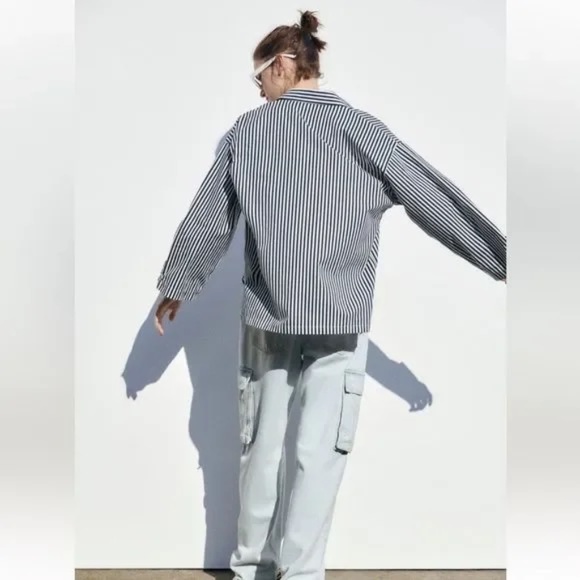 ZARA White And Blue 100% Cotton Striped Poplin Shirt SIZE M - Picture 5 of 15